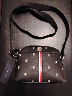 NWT Tommy Hilfiger Black Monogram Mini Crossbody with White Logos Retail $108